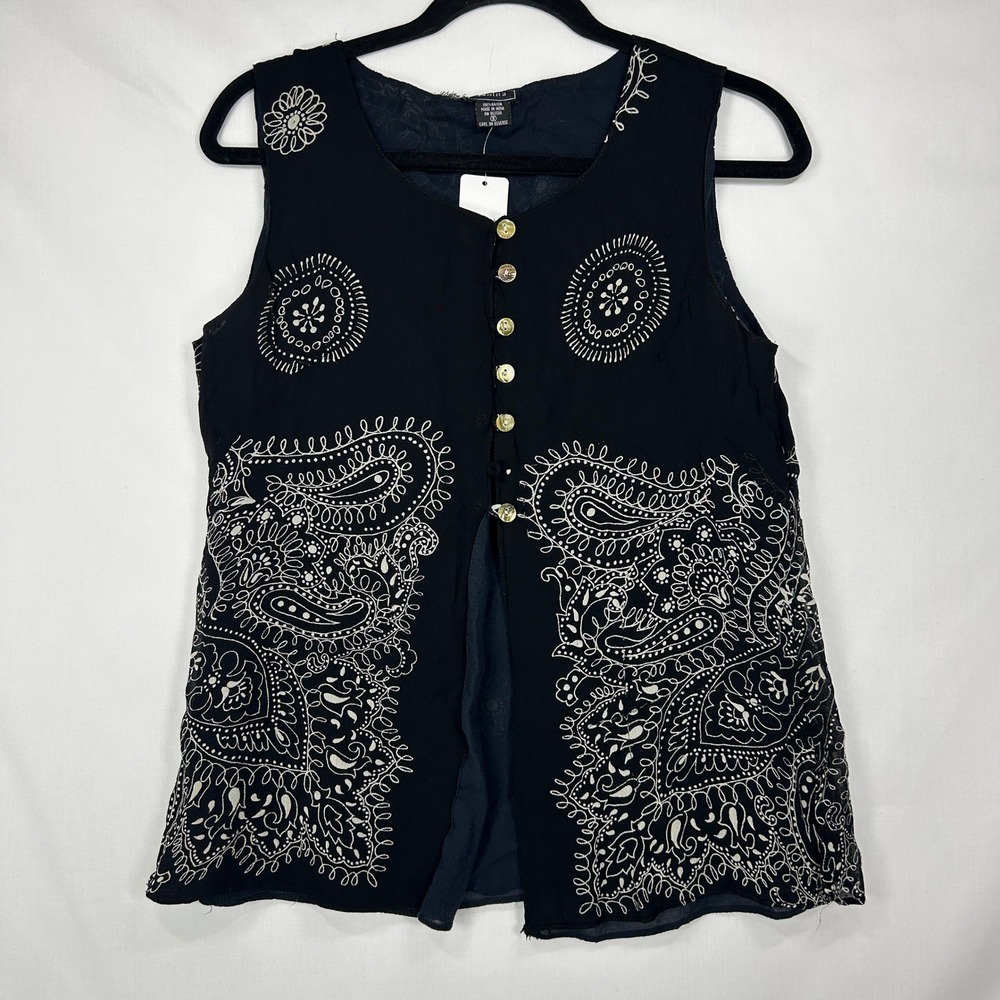 Nolita Vintage 90s Black Paisley Embroidered Sheer Vest Top – Small